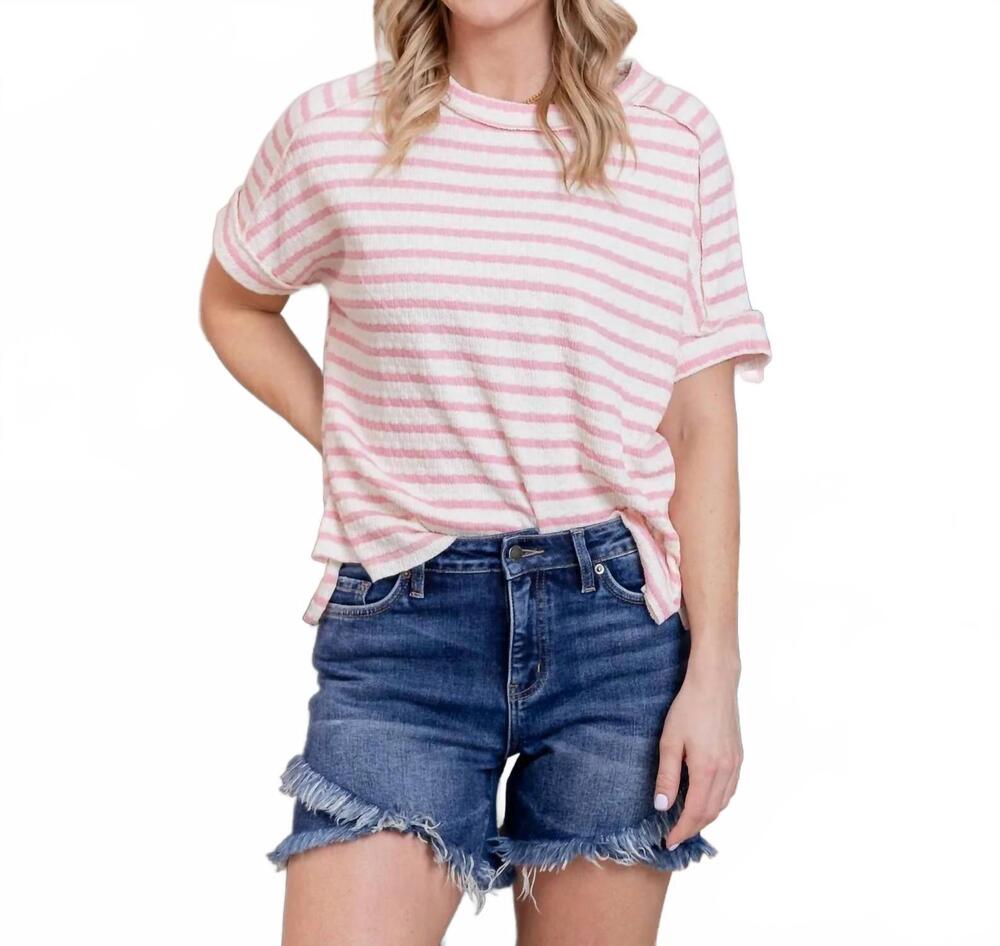 NEW ZENANA striped short sleeve top in pink